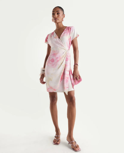 Rareism Women's Meya Off White Viscose Satin Half Sleeve V-Neck Floral Print Dress