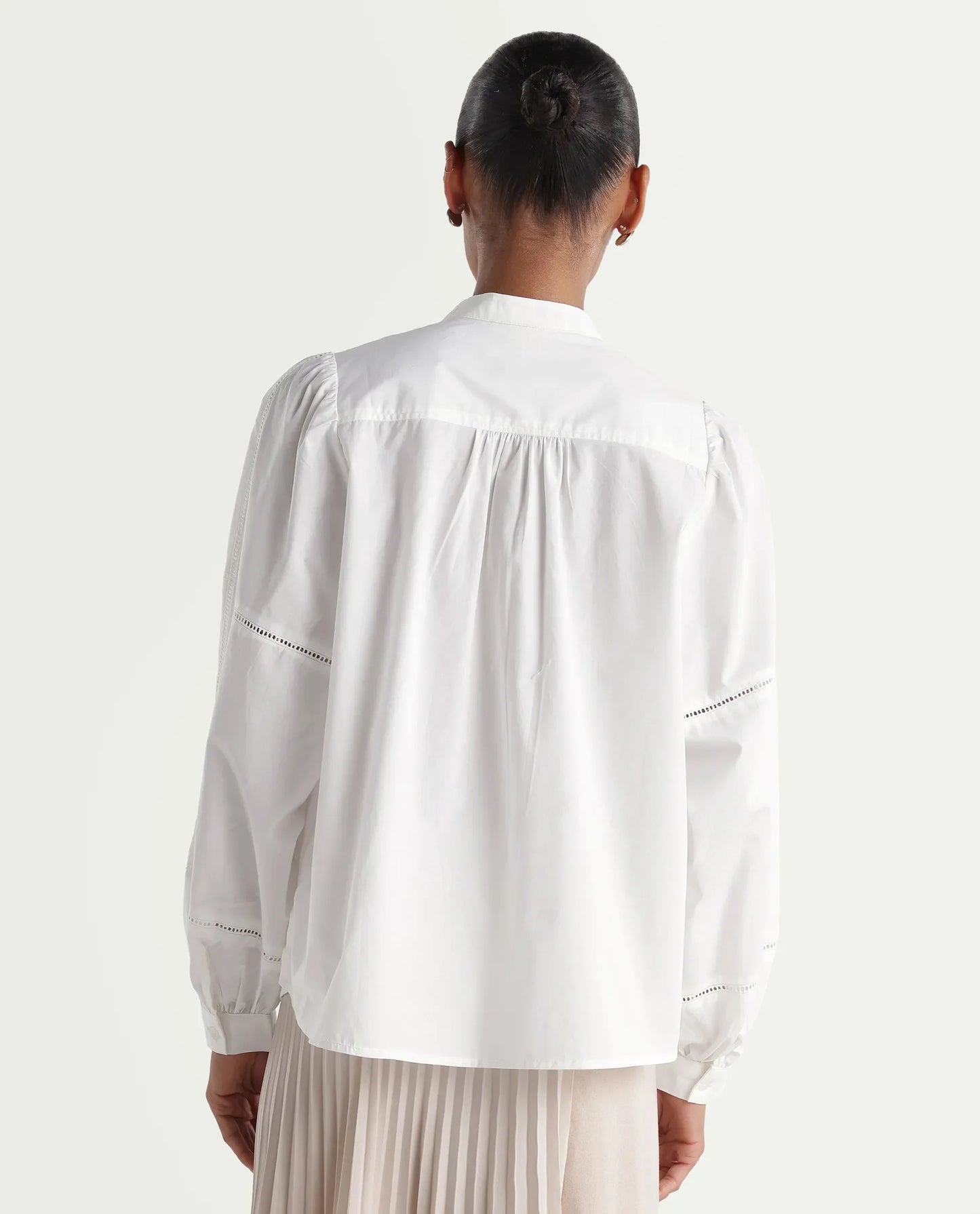 Rareism Women's Miel Off White Cotton Full Sleeve Mandarin Collar Relaxed Embroidered Top