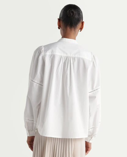 Rareism Women's Miel Off White Cotton Full Sleeve Mandarin Collar Relaxed Embroidered Top