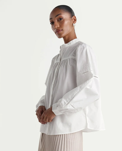 Rareism Women's Miel Off White Cotton Full Sleeve Mandarin Collar Relaxed Embroidered Top