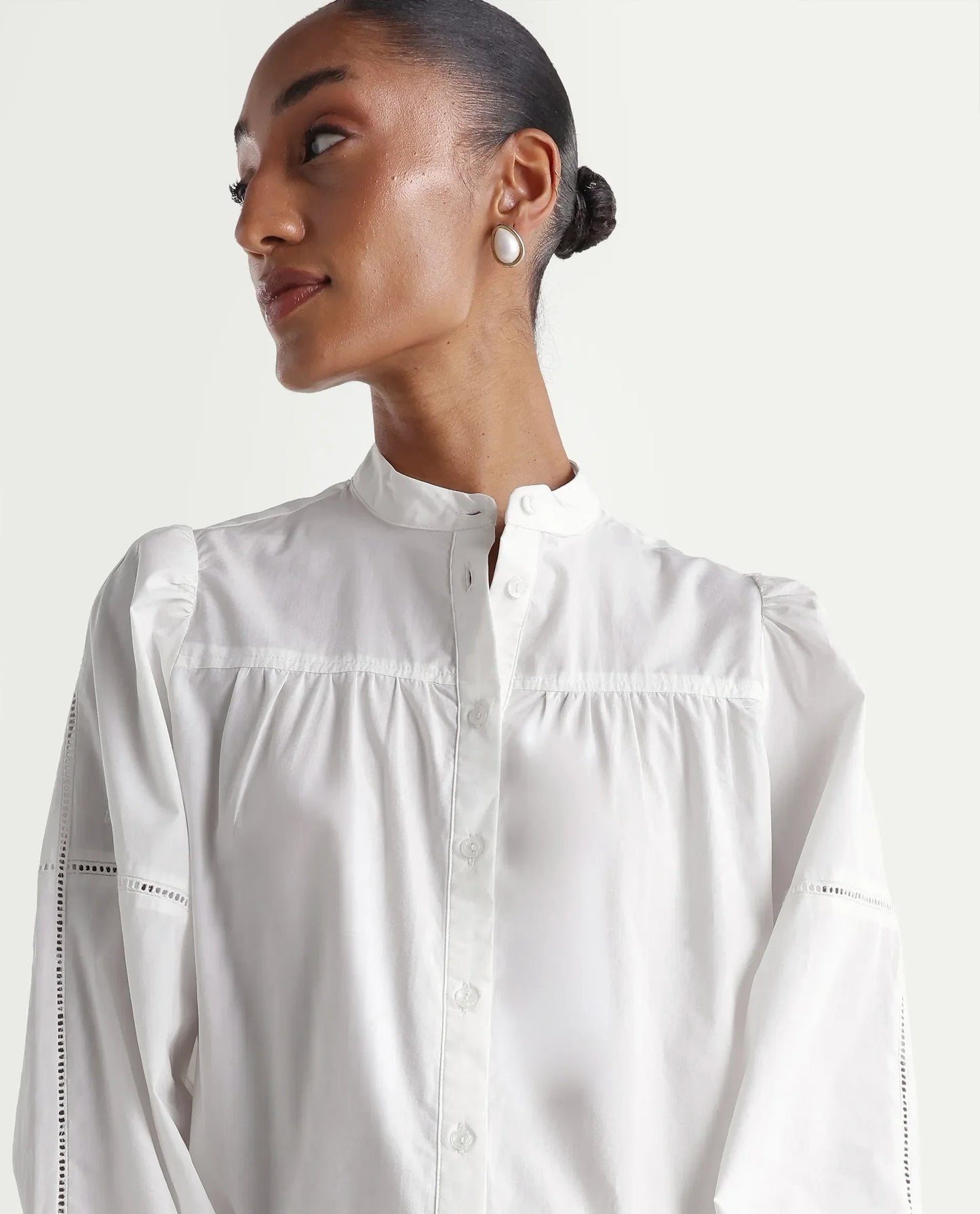 Rareism Women's Miel Off White Cotton Full Sleeve Mandarin Collar Relaxed Embroidered Top