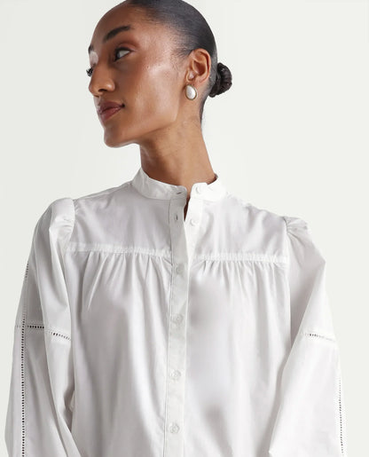 Rareism Women's Miel Off White Cotton Full Sleeve Mandarin Collar Relaxed Embroidered Top