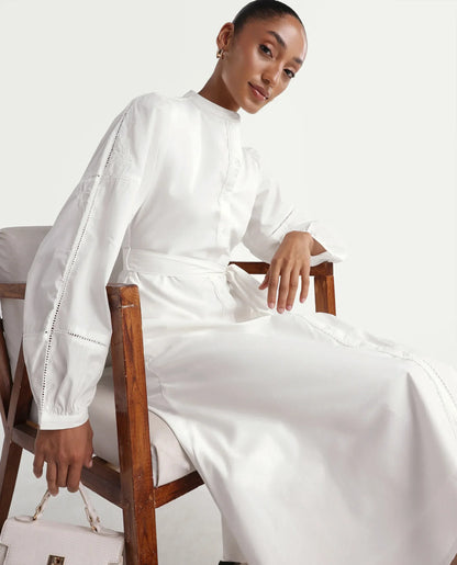 Rareism Women's Miko Off White Cotton Full Sleeve Mandarin Collar A-Line Embroidered Dress