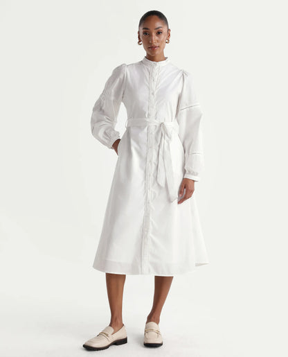 Rareism Women's Miko Off White Cotton Full Sleeve Mandarin Collar A-Line Embroidered Dress