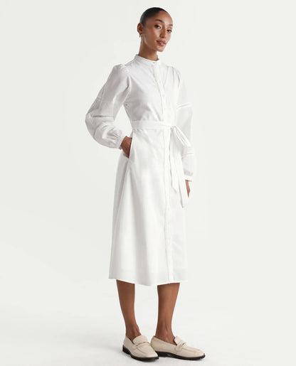 Rareism Women's Miko Off White Cotton Full Sleeve Mandarin Collar A-Line Embroidered Dress