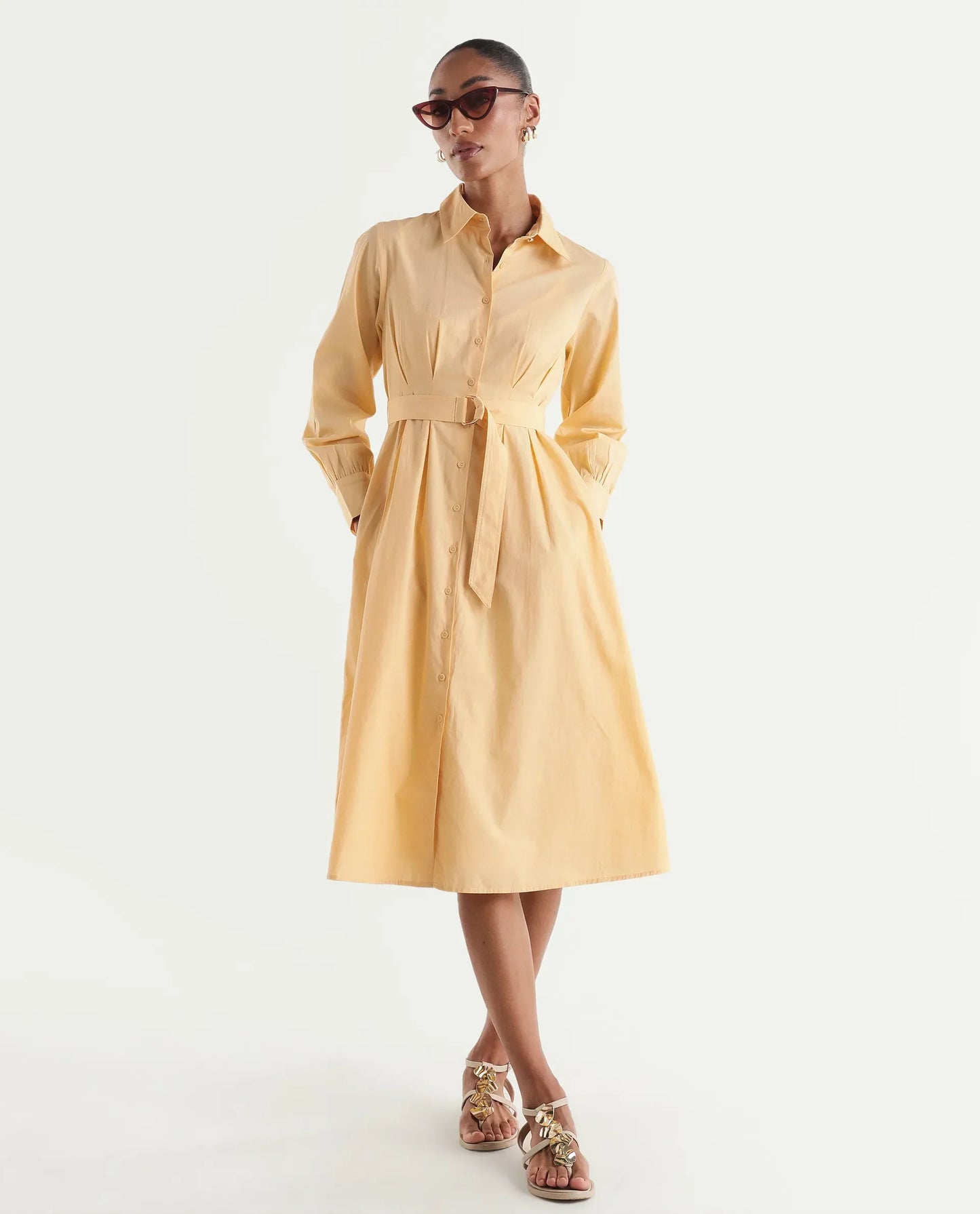 Rareism Women's Misar Light Yellow Cotton Full Sleeve Spread Collar A-Line Dress