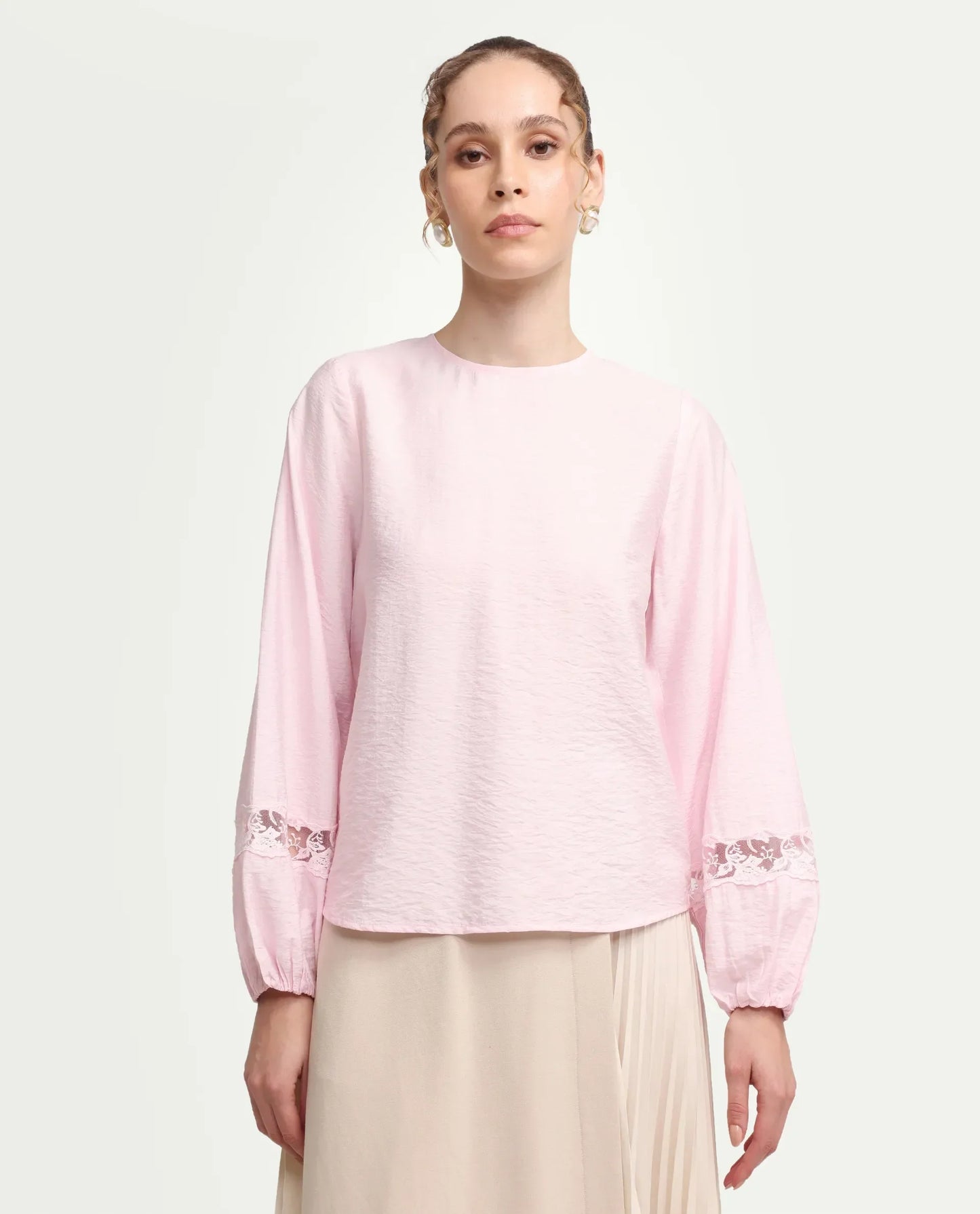 Rareism Women's Vaeli Light Pink Viscose Blend Full Sleeve Crew Neck Relaxed Top
