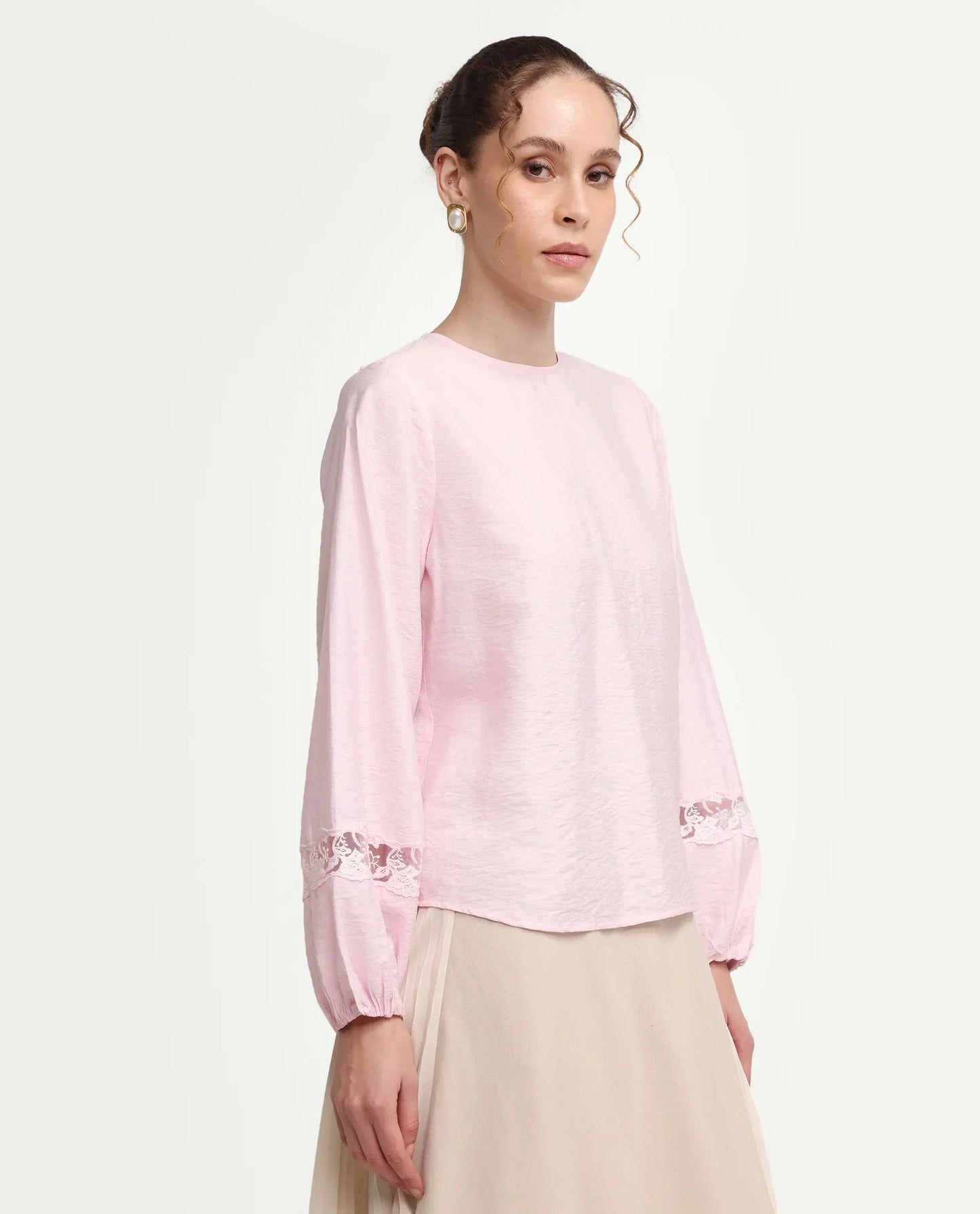 Rareism Women's Vaeli Light Pink Viscose Blend Full Sleeve Crew Neck Relaxed Top