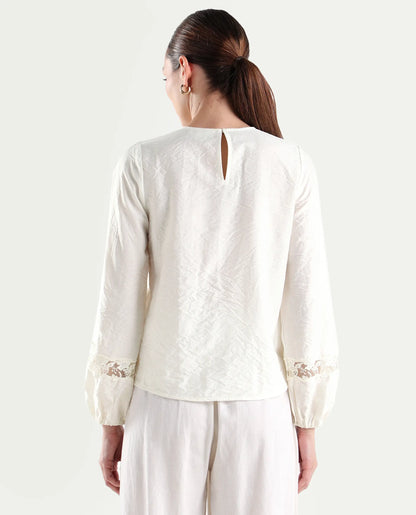 Rareism Women's Vaeli Off White Viscose Blend Full Sleeve Relaxed Fit Plain Top