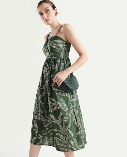 Rareism Women's Vanik Olive Polyester Sleeveless Fit And Flare Abstract Print Dress