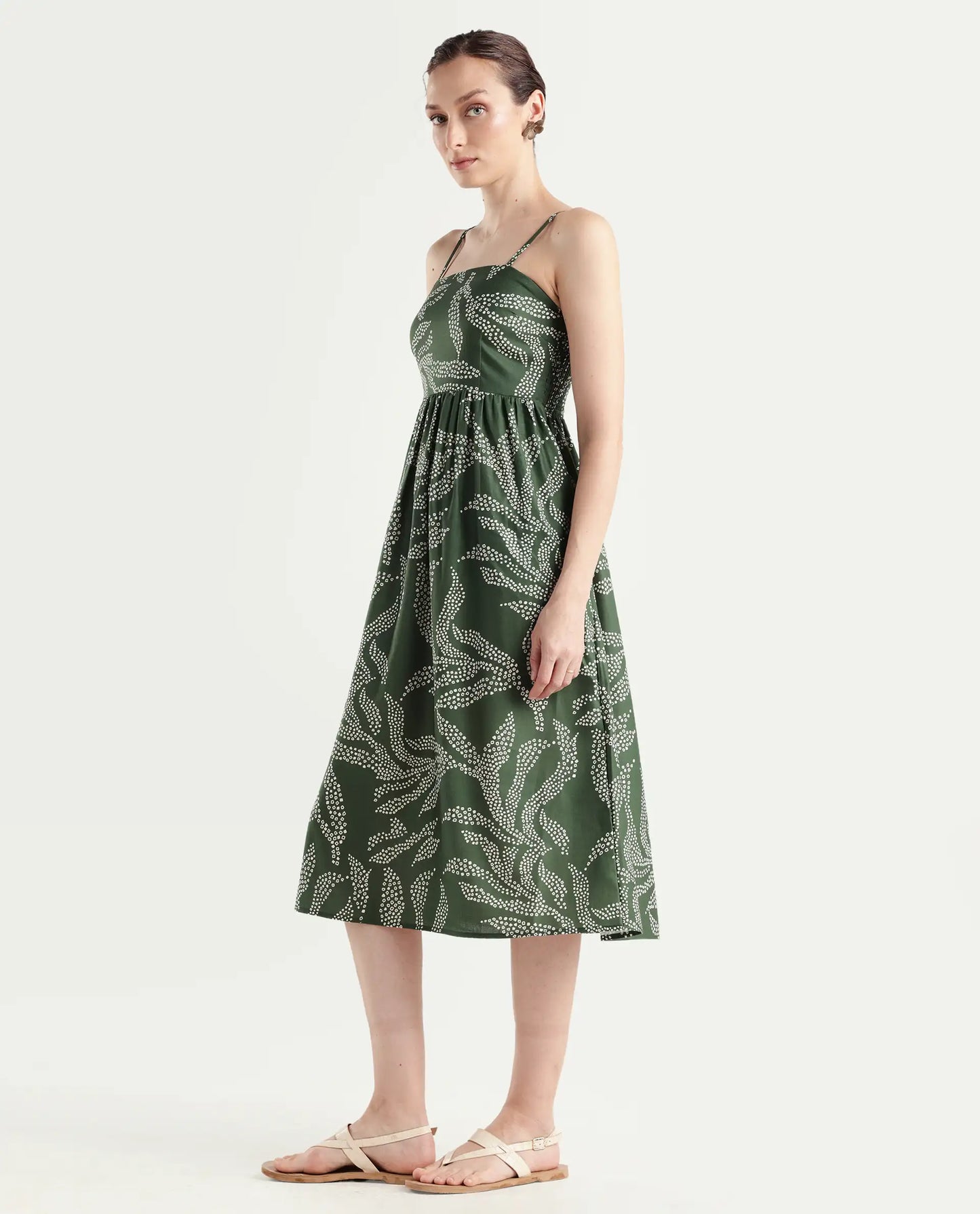 Rareism Women's Vanik Olive Polyester Sleeveless Fit And Flare Abstract Print Dress