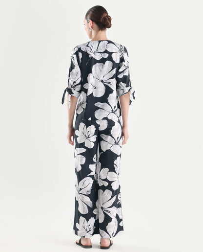 Rareism Women's Vasha-B Black Viscose Wide Floral Print Trouser