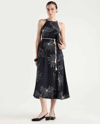 Rareism Women's Veana Black Viscose Sleeveless A-Line Floral Print Dress