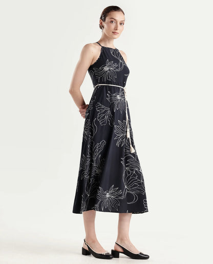 Rareism Women's Veana Black Viscose Sleeveless A-Line Floral Print Dress