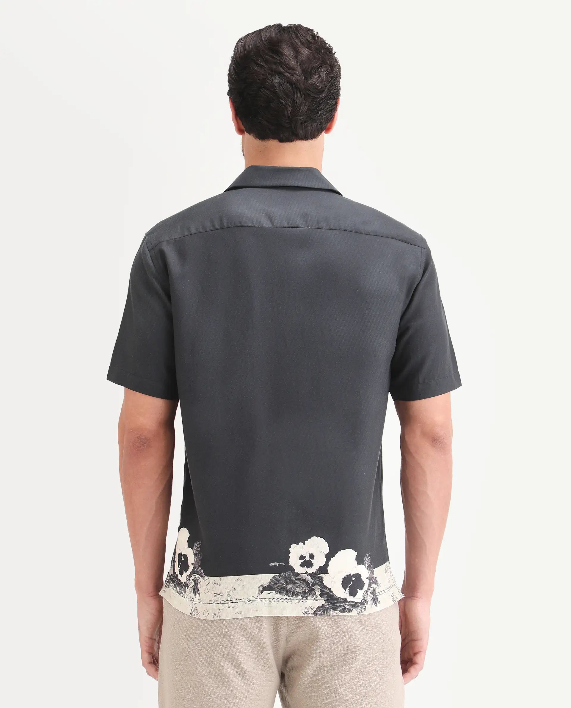 Rare Rabbit Men's Aqel Black Cotton Blend Fabric Half Sleeve Cuban Collar Regular Fit Floral Print Shirt | Rare Rabbit at Broadway