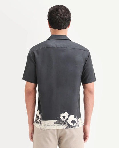 Rare Rabbit Men's Aqel Black Cotton Blend Fabric Half Sleeve Cuban Collar Regular Fit Floral Print Shirt | Rare Rabbit at Broadway