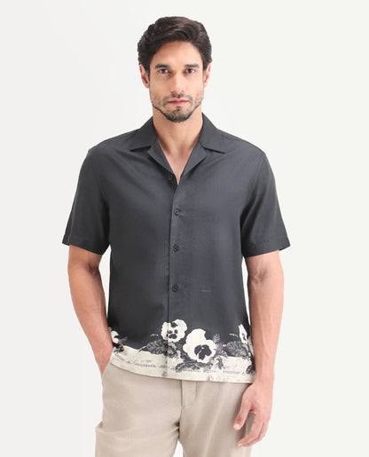 Rare Rabbit Men's Aqel Black Cotton Blend Fabric Half Sleeve Cuban Collar Regular Fit Floral Print Shirt | Rare Rabbit at Broadway