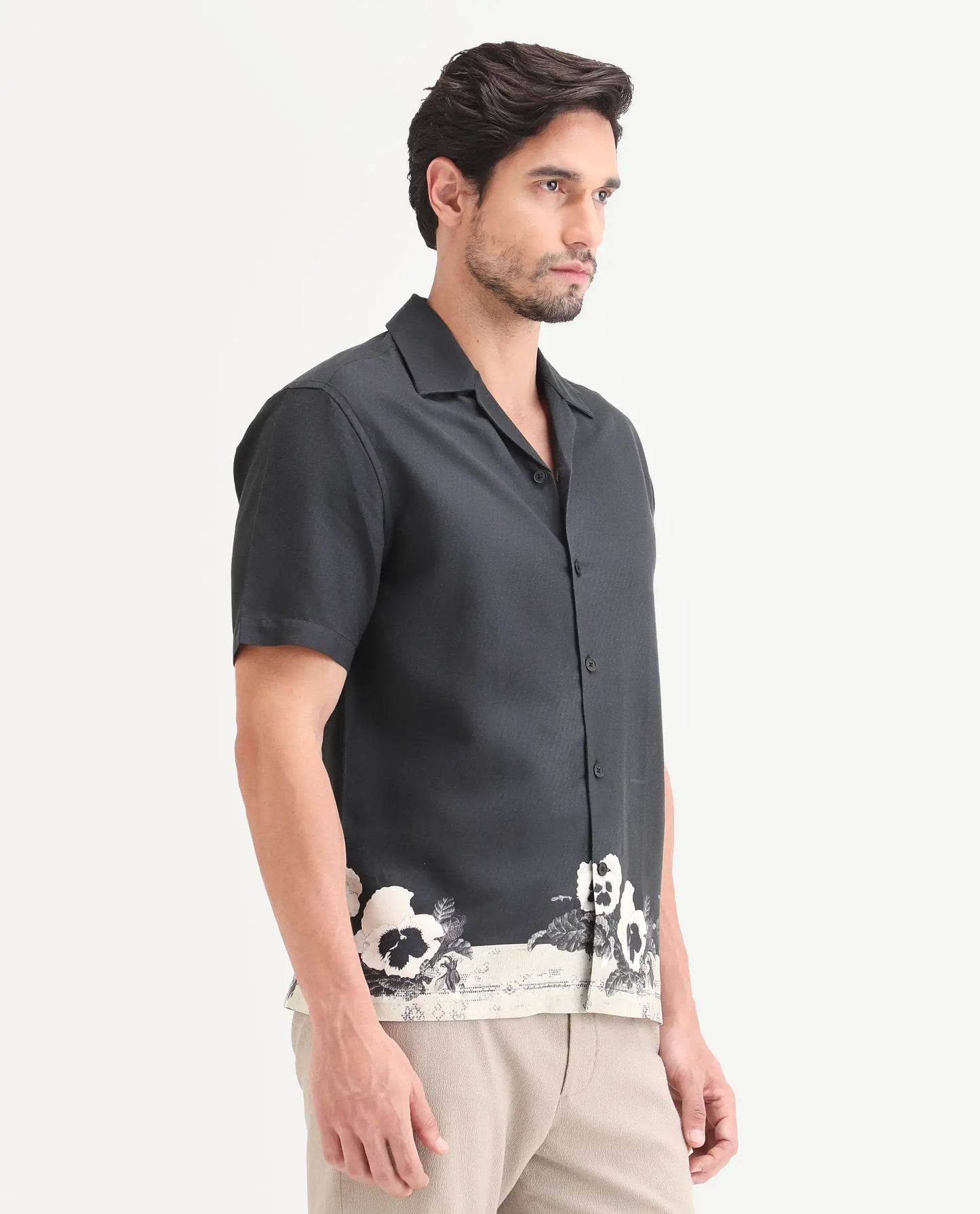 Rare Rabbit Men's Aqel Black Cotton Blend Fabric Half Sleeve Cuban Collar Regular Fit Floral Print Shirt | Rare Rabbit at Broadway