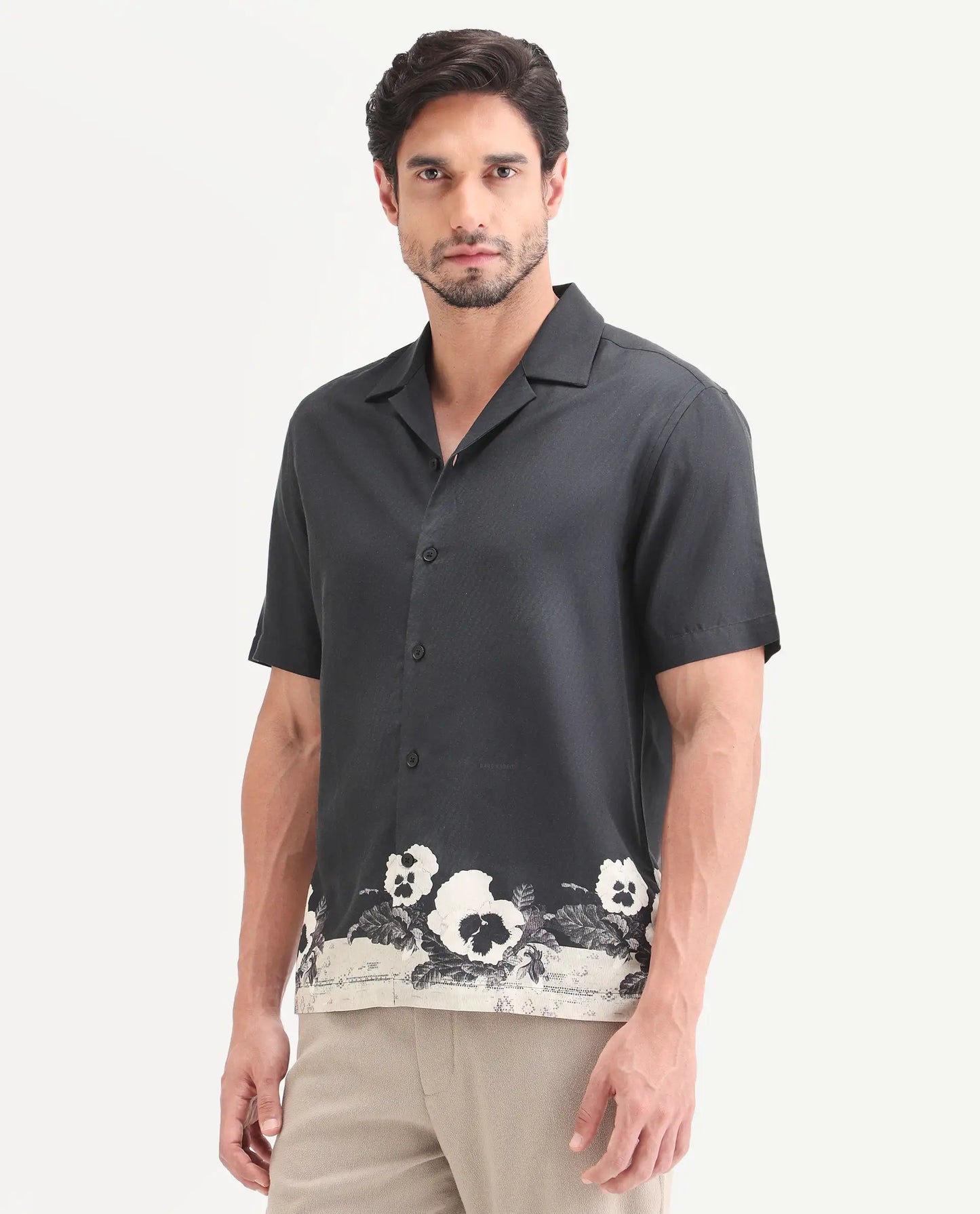 Rare Rabbit Men's Aqel Black Cotton Blend Fabric Half Sleeve Cuban Collar Regular Fit Floral Print Shirt | Rare Rabbit at Broadway