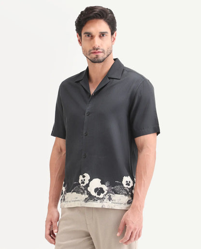 Rare Rabbit Men's Aqel Black Cotton Blend Fabric Half Sleeve Cuban Collar Regular Fit Floral Print Shirt | Rare Rabbit at Broadway