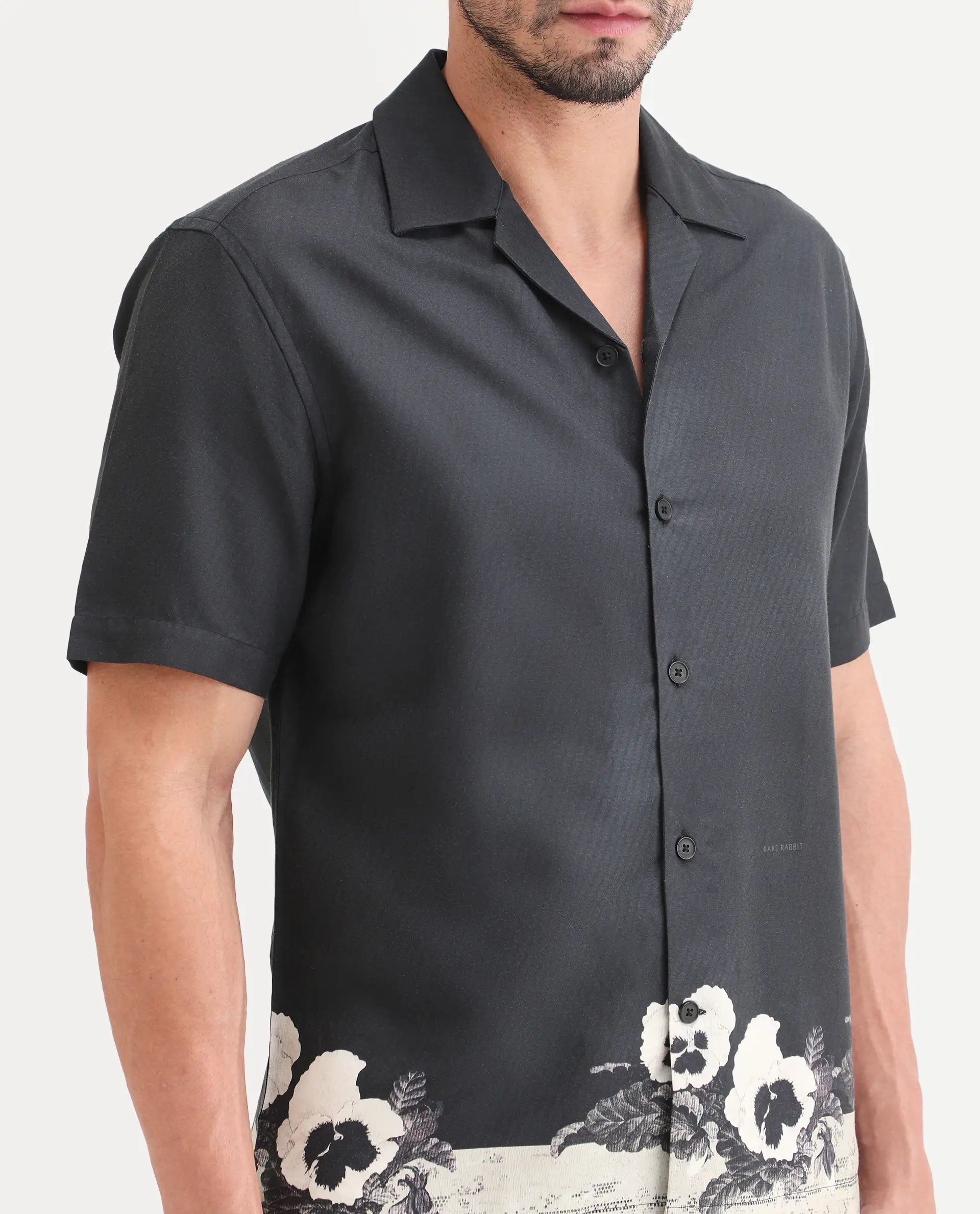 Rare Rabbit Men's Aqel Black Cotton Blend Fabric Half Sleeve Cuban Collar Regular Fit Floral Print Shirt | Rare Rabbit at Broadway