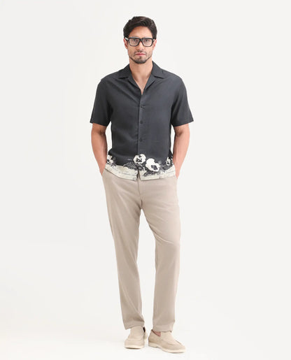 Rare Rabbit Men's Aqel Black Cotton Blend Fabric Half Sleeve Cuban Collar Regular Fit Floral Print Shirt | Rare Rabbit at Broadway