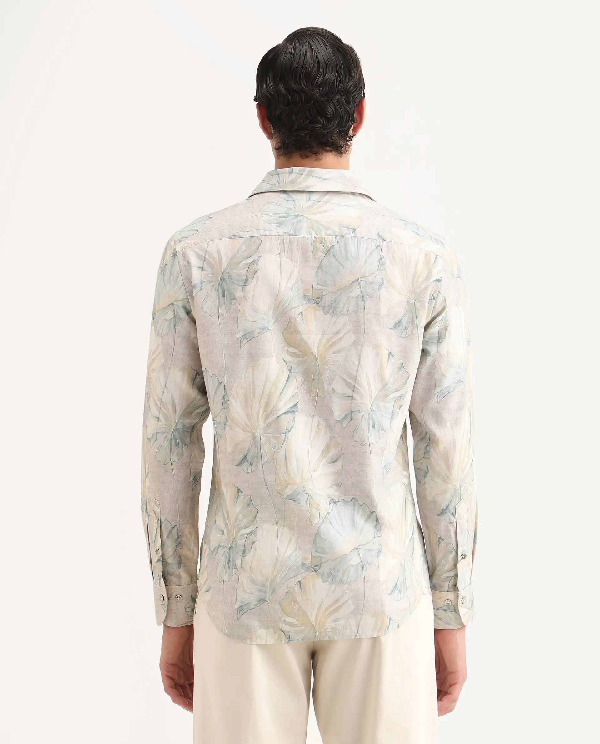 Rare Rabbit Men's Arvo Dusky Beige Cotton Blend Fabric Full Sleeve Spread Collar Regular Fit Floral Print Shirt | Rare Rabbit at Broadway