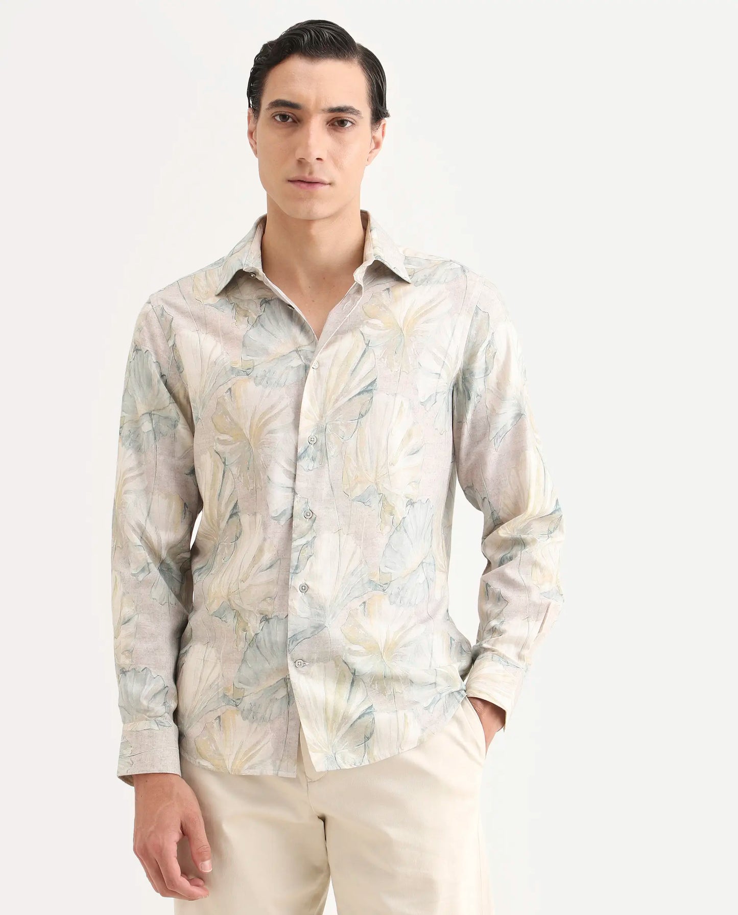 Rare Rabbit Men's Arvo Dusky Beige Cotton Blend Fabric Full Sleeve Spread Collar Regular Fit Floral Print Shirt | Rare Rabbit at Broadway