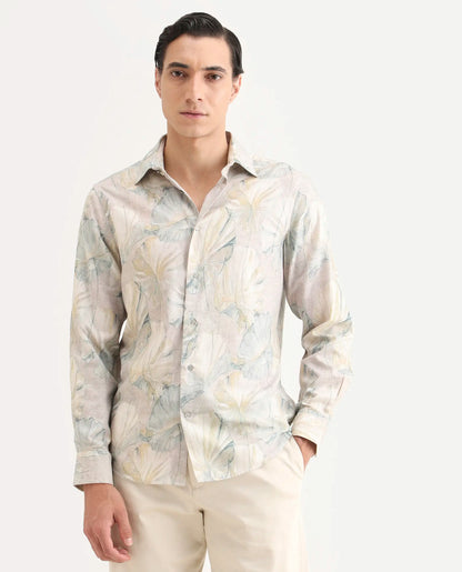 Rare Rabbit Men's Arvo Dusky Beige Cotton Blend Fabric Full Sleeve Spread Collar Regular Fit Floral Print Shirt | Rare Rabbit at Broadway