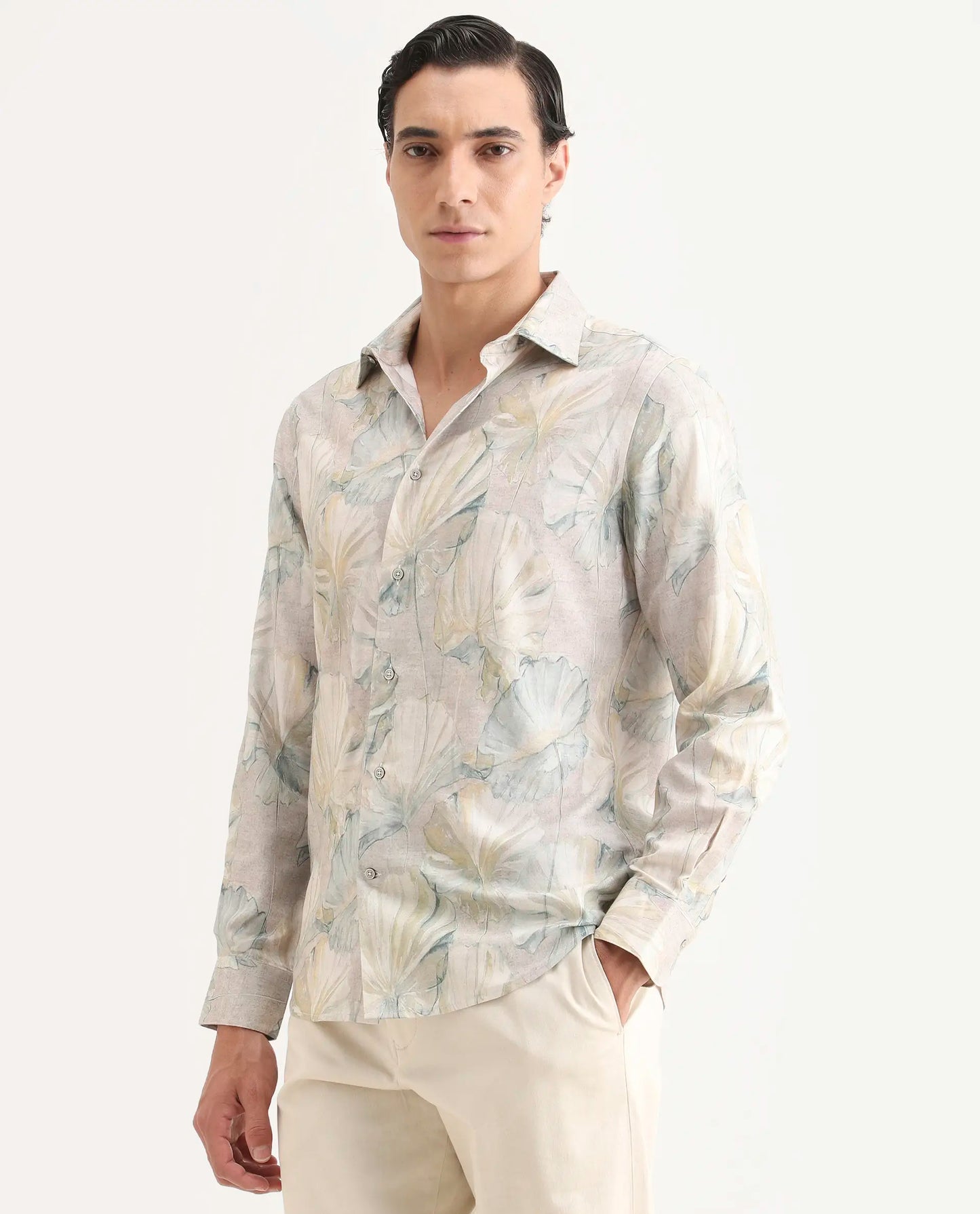 Rare Rabbit Men's Arvo Dusky Beige Cotton Blend Fabric Full Sleeve Spread Collar Regular Fit Floral Print Shirt | Rare Rabbit at Broadway