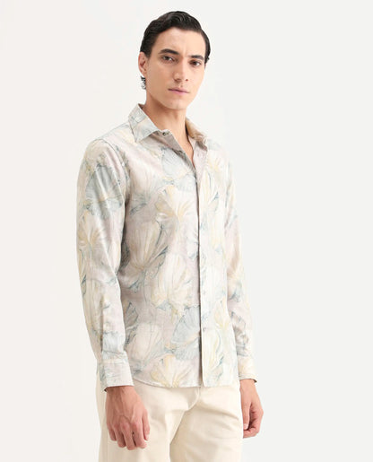 Rare Rabbit Men's Arvo Dusky Beige Cotton Blend Fabric Full Sleeve Spread Collar Regular Fit Floral Print Shirt | Rare Rabbit at Broadway