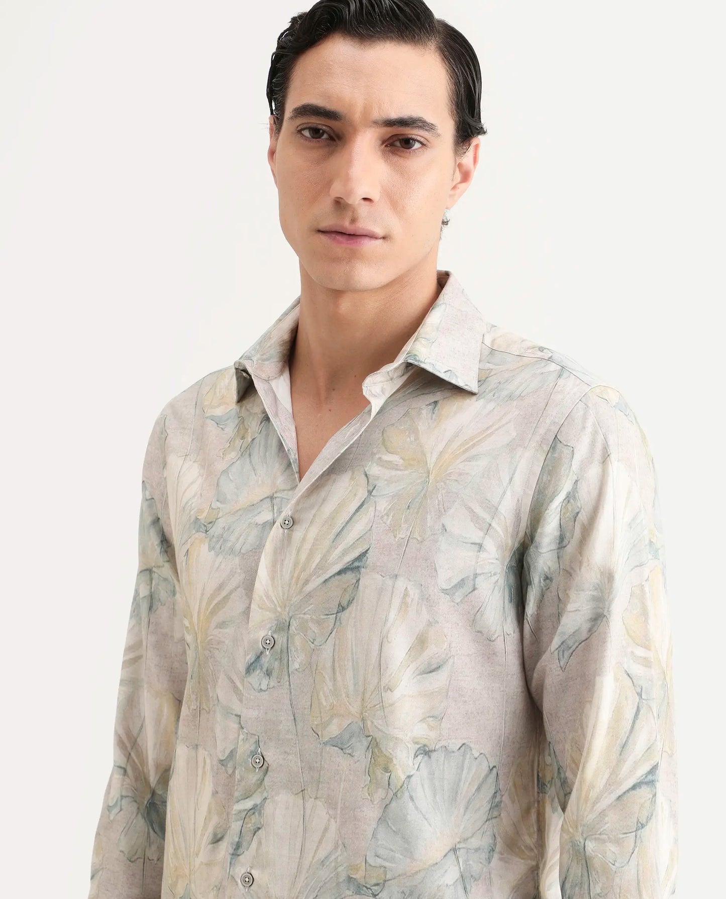 Rare Rabbit Men's Arvo Dusky Beige Cotton Blend Fabric Full Sleeve Spread Collar Regular Fit Floral Print Shirt | Rare Rabbit at Broadway