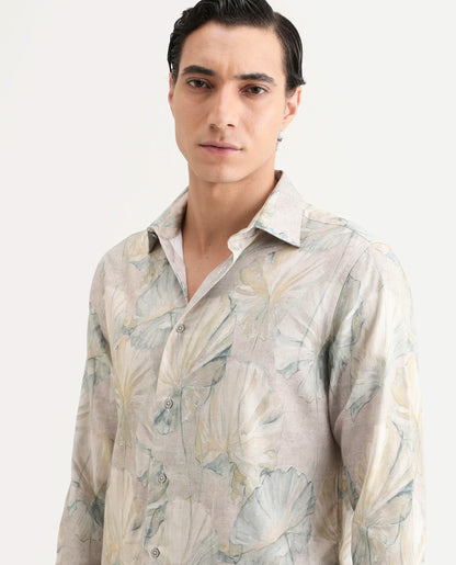 Rare Rabbit Men's Arvo Dusky Beige Cotton Blend Fabric Full Sleeve Spread Collar Regular Fit Floral Print Shirt | Rare Rabbit at Broadway