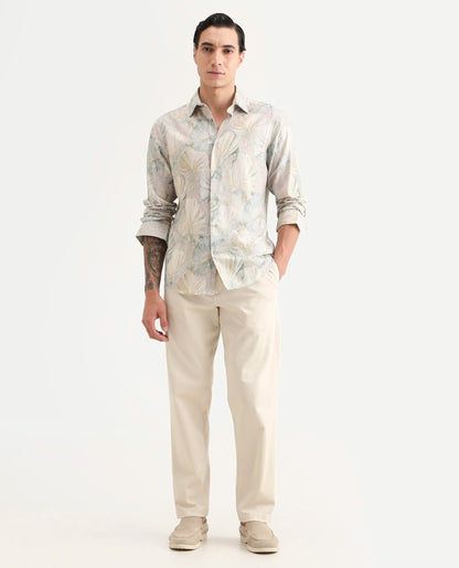 Rare Rabbit Men's Arvo Dusky Beige Cotton Blend Fabric Full Sleeve Spread Collar Regular Fit Floral Print Shirt | Rare Rabbit at Broadway