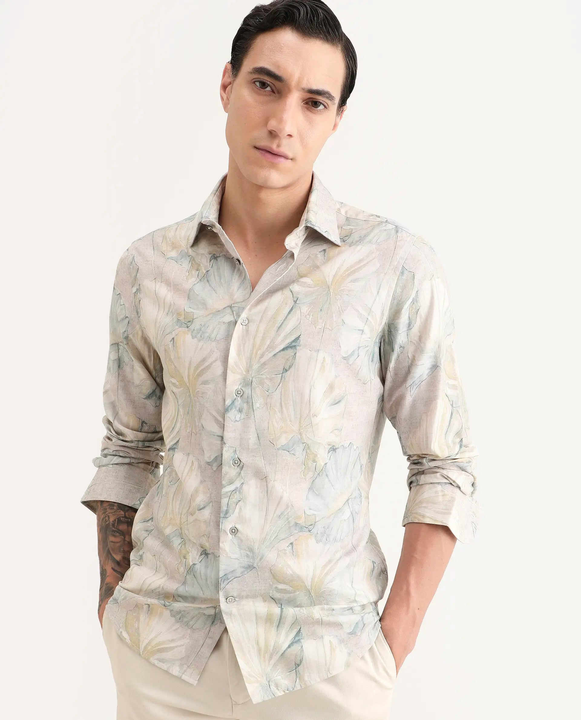 Rare Rabbit Men's Arvo Dusky Beige Cotton Blend Fabric Full Sleeve Spread Collar Regular Fit Floral Print Shirt | Rare Rabbit at Broadway