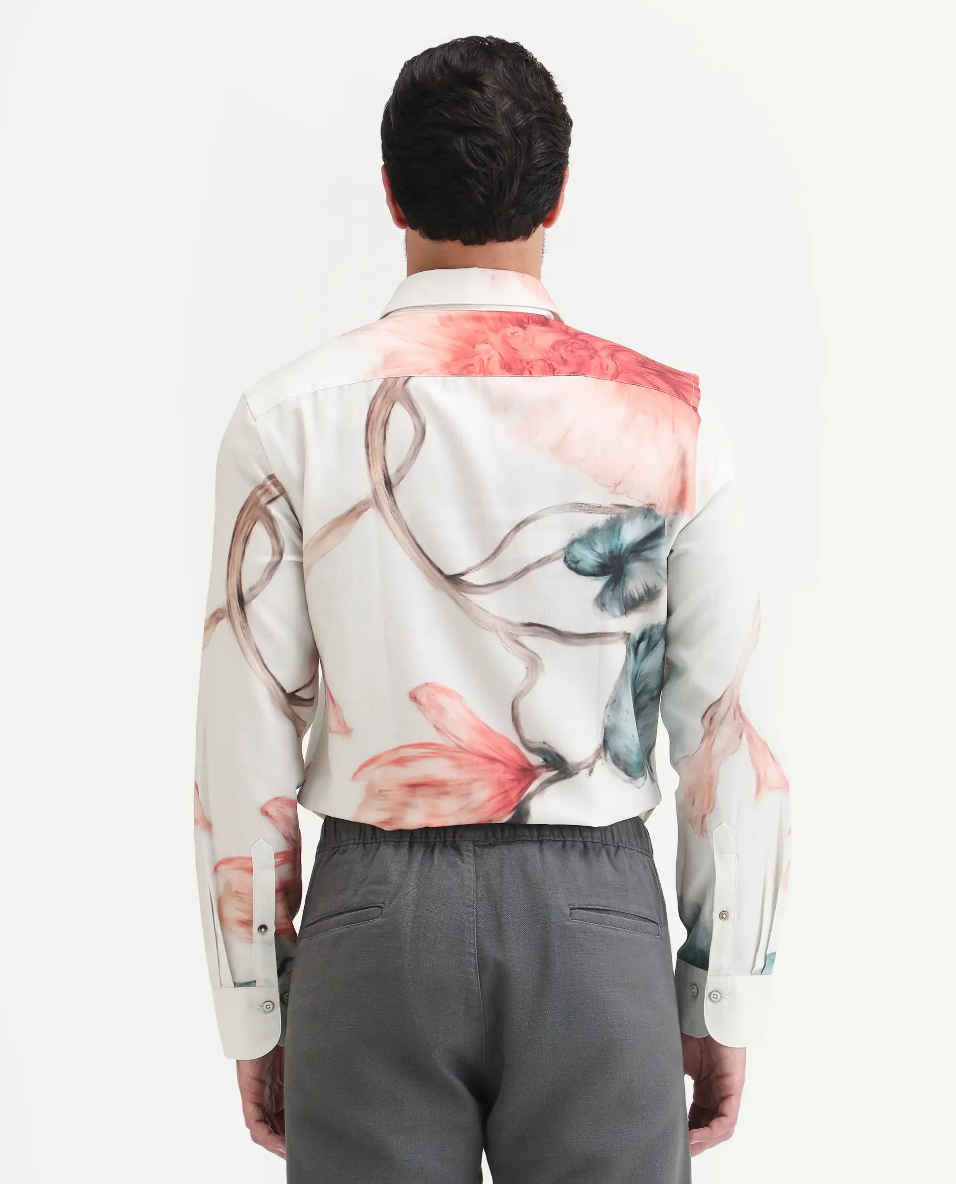 Rare Rabbit Men's Brib Off White Cotton Blend Fabric Full Sleeve Spread Collar Regular Fit Floral Print Shirt | Rare Rabbit at Broadway