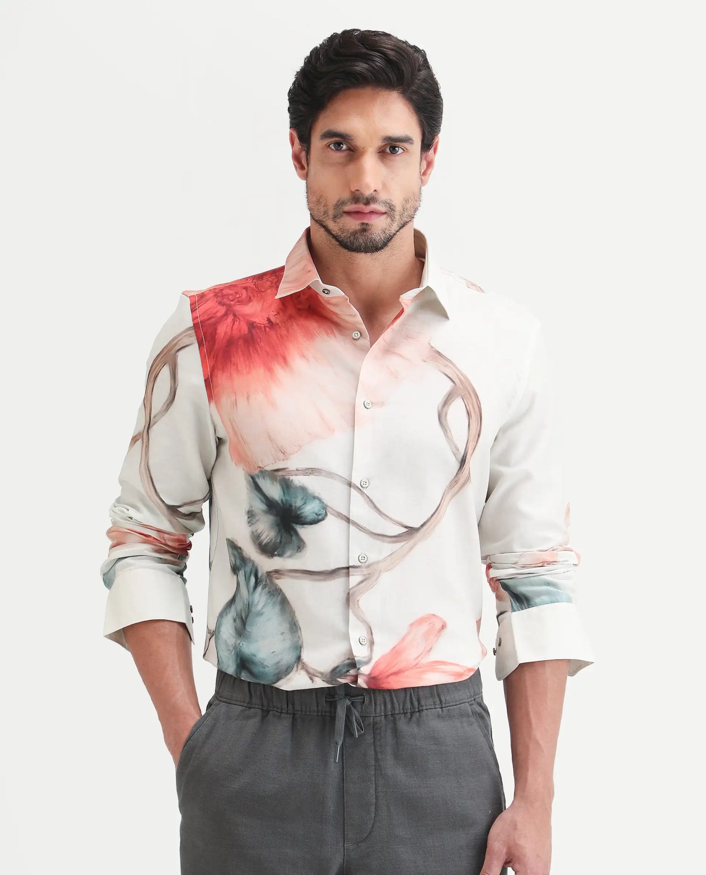 Rare Rabbit Men's Brib Off White Cotton Blend Fabric Full Sleeve Spread Collar Regular Fit Floral Print Shirt | Rare Rabbit at Broadway