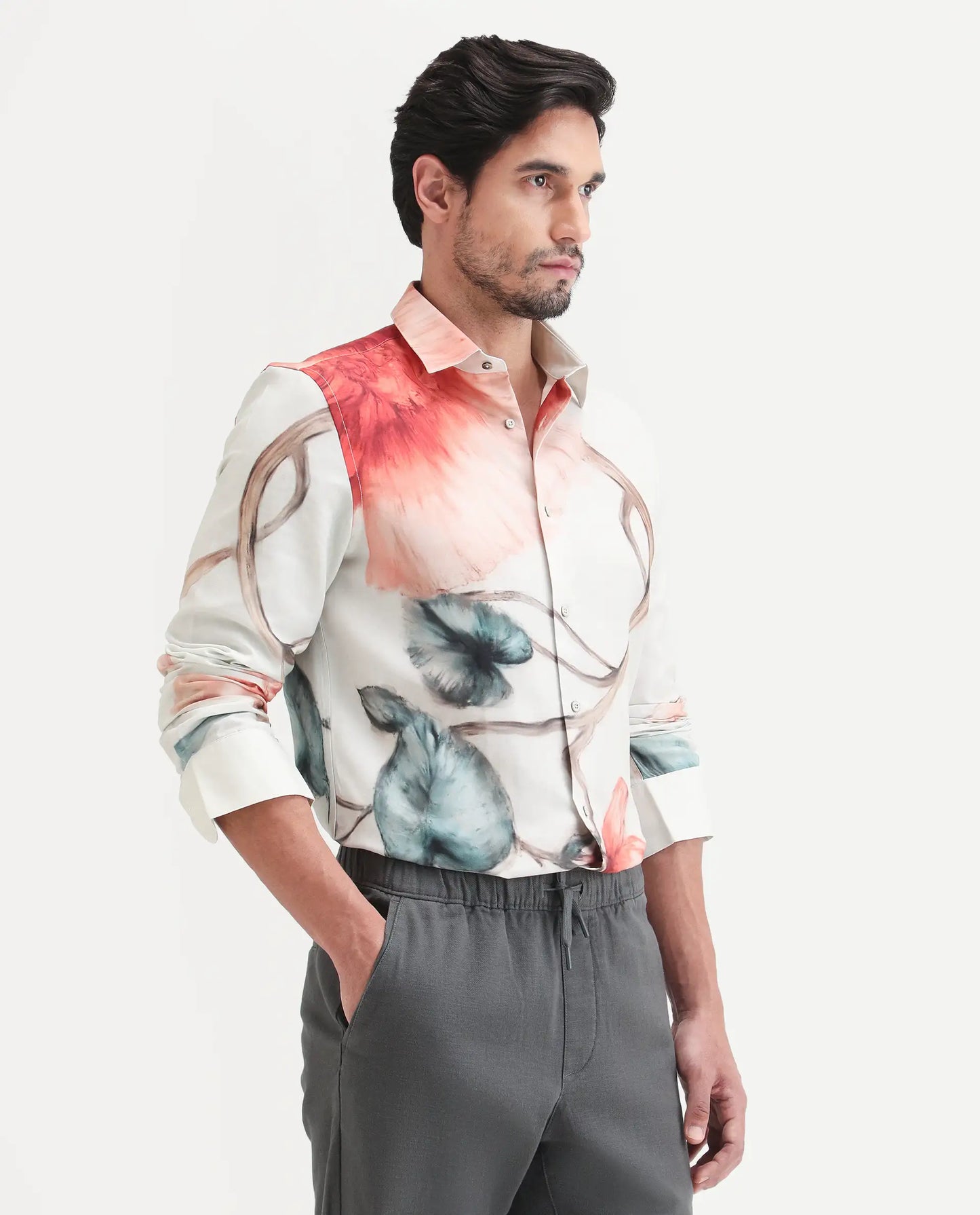 Rare Rabbit Men's Brib Off White Cotton Blend Fabric Full Sleeve Spread Collar Regular Fit Floral Print Shirt | Rare Rabbit at Broadway