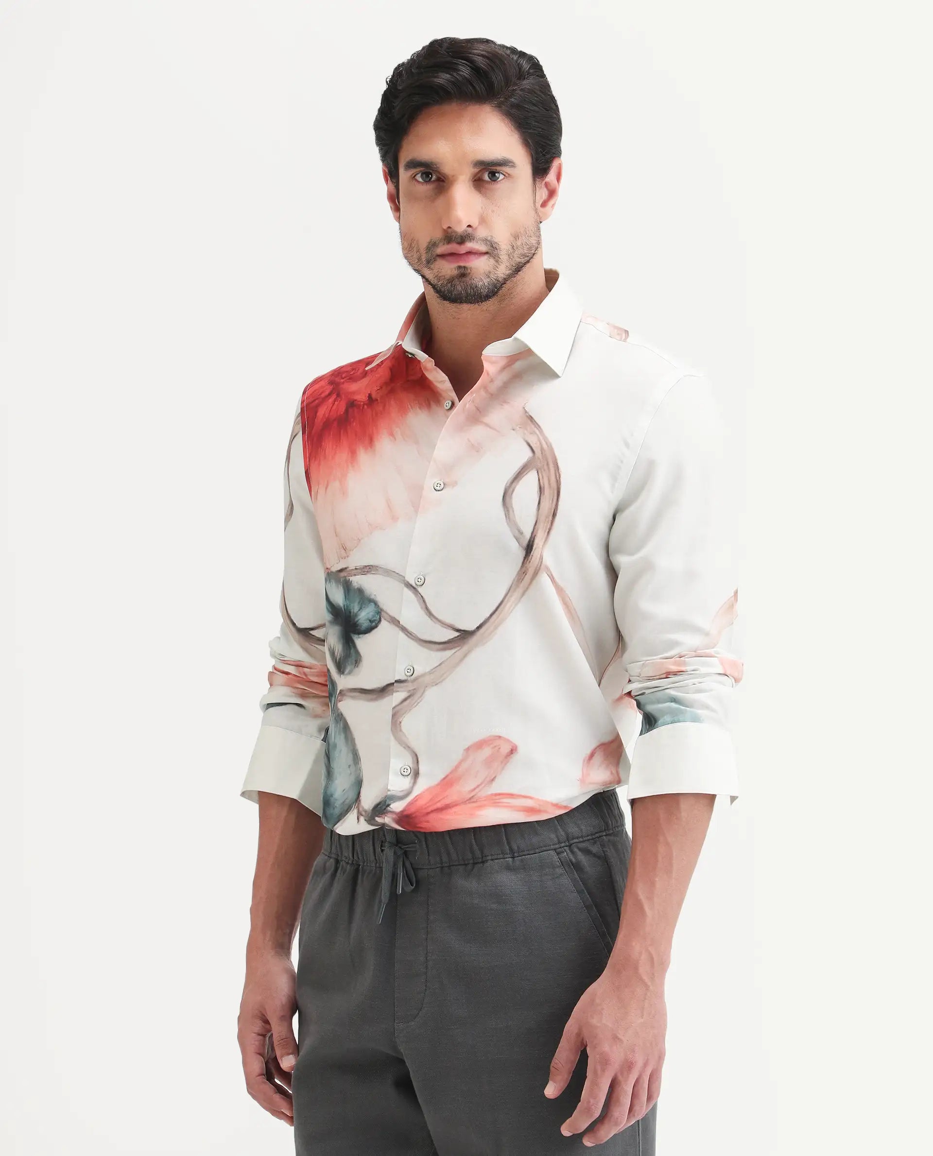 Rare Rabbit Men's Brib Off White Cotton Blend Fabric Full Sleeve Spread Collar Regular Fit Floral Print Shirt | Rare Rabbit at Broadway