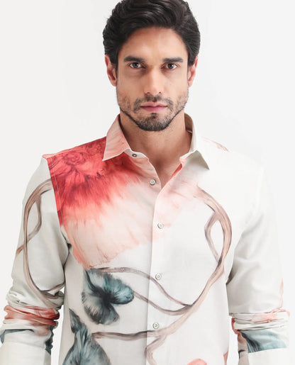 Rare Rabbit Men's Brib Off White Cotton Blend Fabric Full Sleeve Spread Collar Regular Fit Floral Print Shirt | Rare Rabbit at Broadway