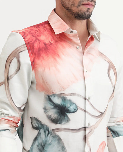 Rare Rabbit Men's Brib Off White Cotton Blend Fabric Full Sleeve Spread Collar Regular Fit Floral Print Shirt | Rare Rabbit at Broadway