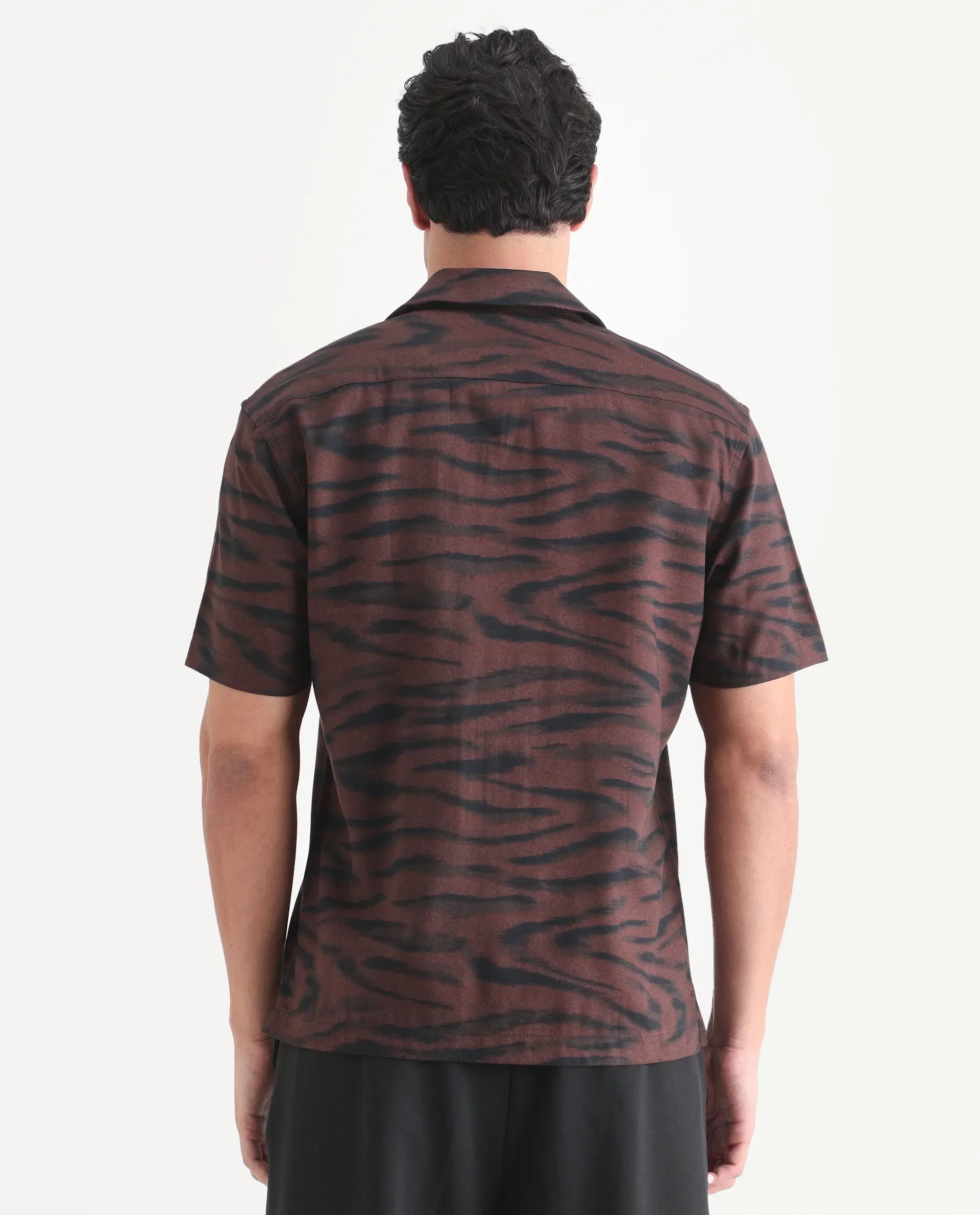 Rare Rabbit Men's Dins Dusky Maroon Cotton Blend Fabric Half Sleeve Cuban Collar Regular Fit Abstract Print Shirt | Rare Rabbit at Broadway