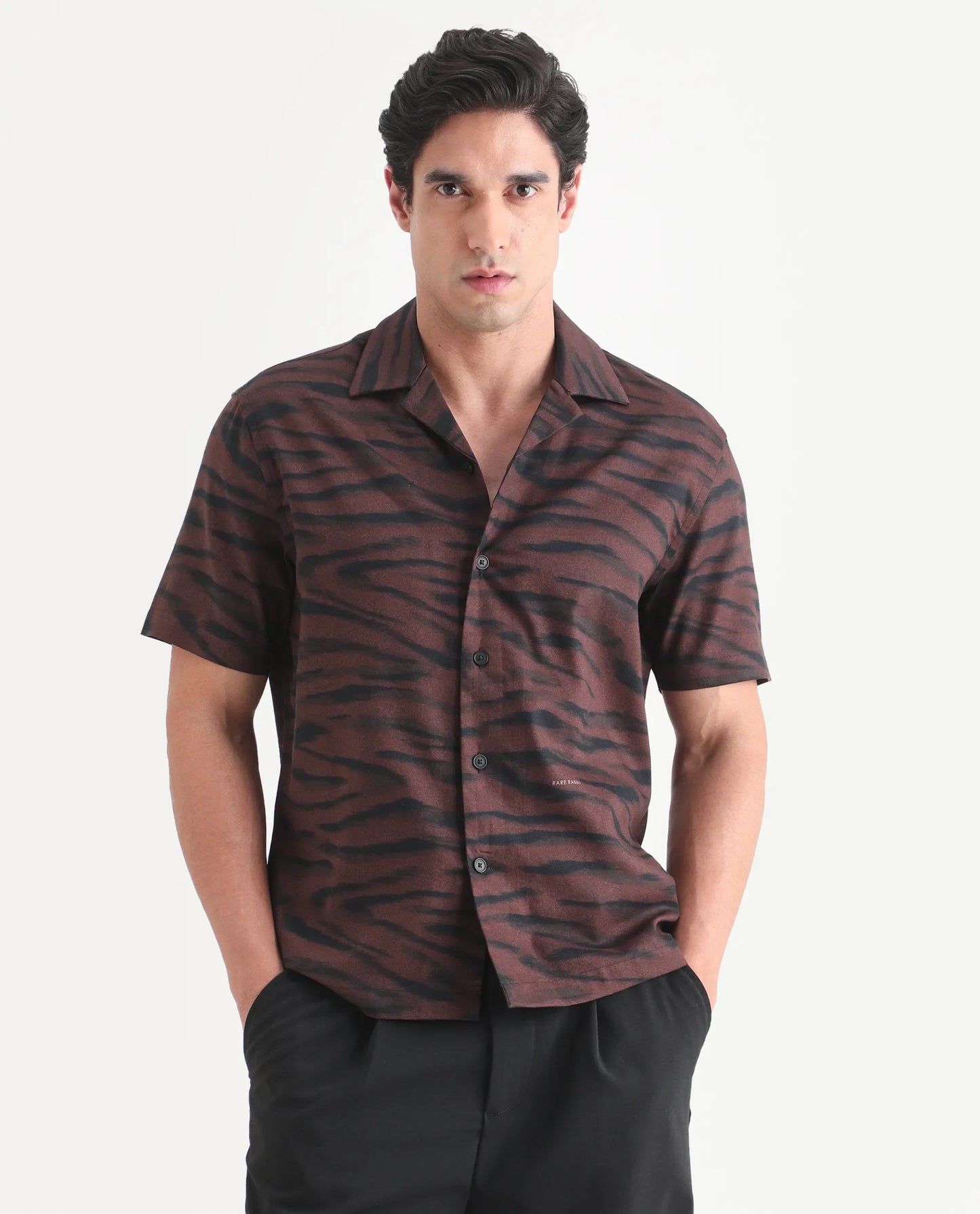 Rare Rabbit Men's Dins Dusky Maroon Cotton Blend Fabric Half Sleeve Cuban Collar Regular Fit Abstract Print Shirt | Rare Rabbit at Broadway