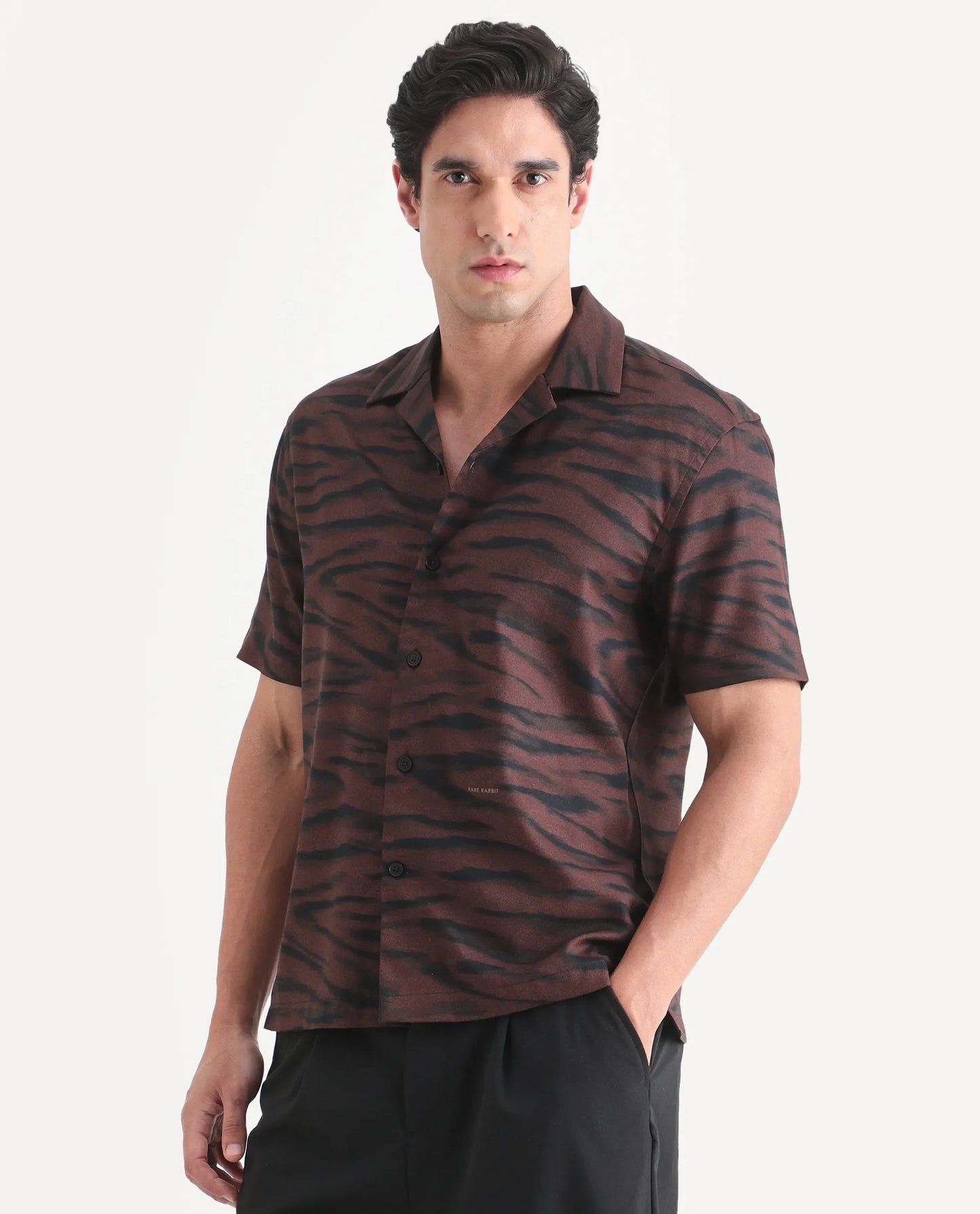 Rare Rabbit Men's Dins Dusky Maroon Cotton Blend Fabric Half Sleeve Cuban Collar Regular Fit Abstract Print Shirt | Rare Rabbit at Broadway