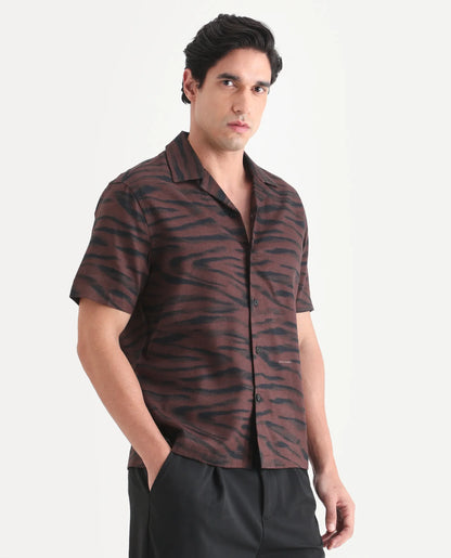 Rare Rabbit Men's Dins Dusky Maroon Cotton Blend Fabric Half Sleeve Cuban Collar Regular Fit Abstract Print Shirt | Rare Rabbit at Broadway