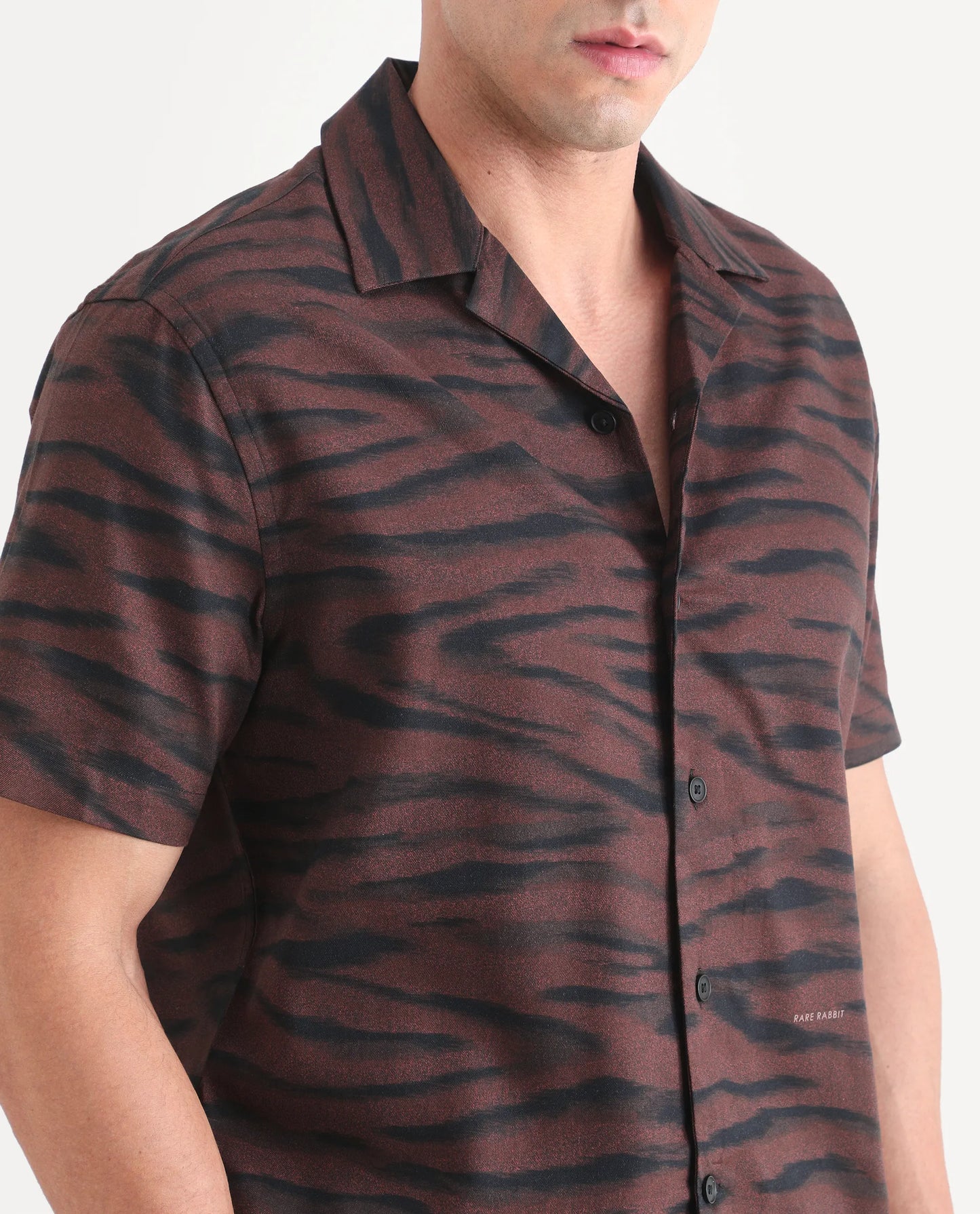 Rare Rabbit Men's Dins Dusky Maroon Cotton Blend Fabric Half Sleeve Cuban Collar Regular Fit Abstract Print Shirt | Rare Rabbit at Broadway