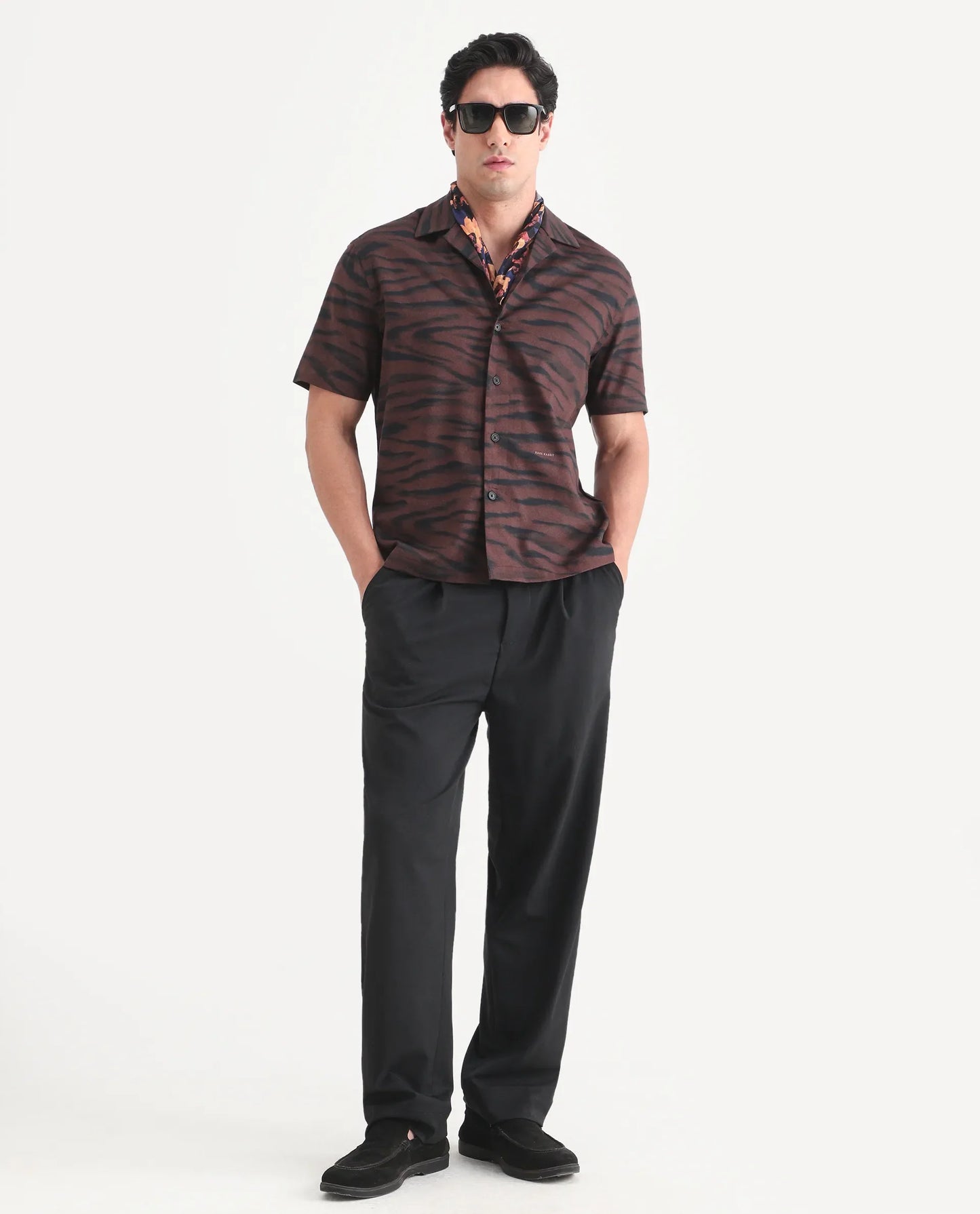 Rare Rabbit Men's Dins Dusky Maroon Cotton Blend Fabric Half Sleeve Cuban Collar Regular Fit Abstract Print Shirt | Rare Rabbit at Broadway