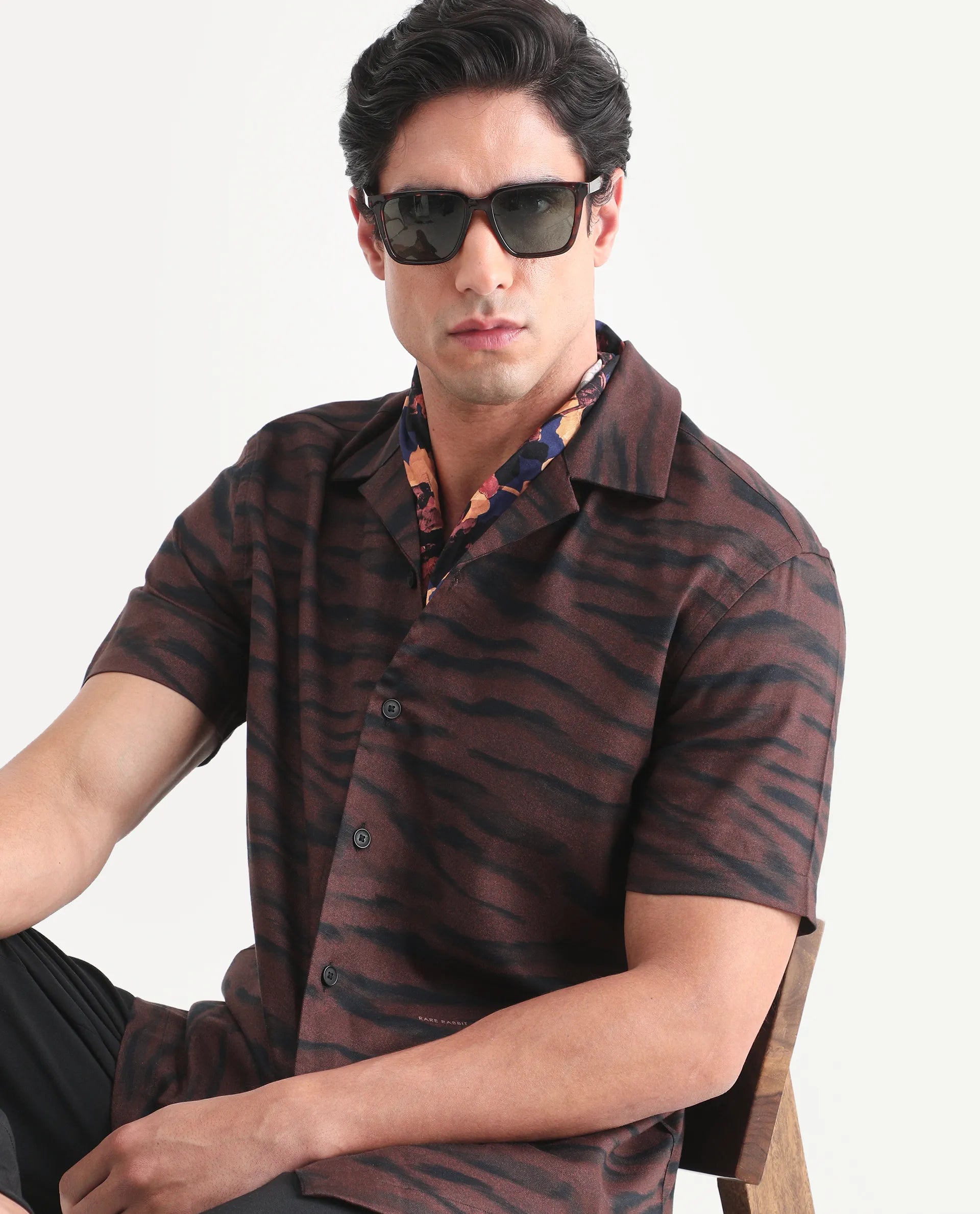 Rare Rabbit Men's Dins Dusky Maroon Cotton Blend Fabric Half Sleeve Cuban Collar Regular Fit Abstract Print Shirt | Rare Rabbit at Broadway
