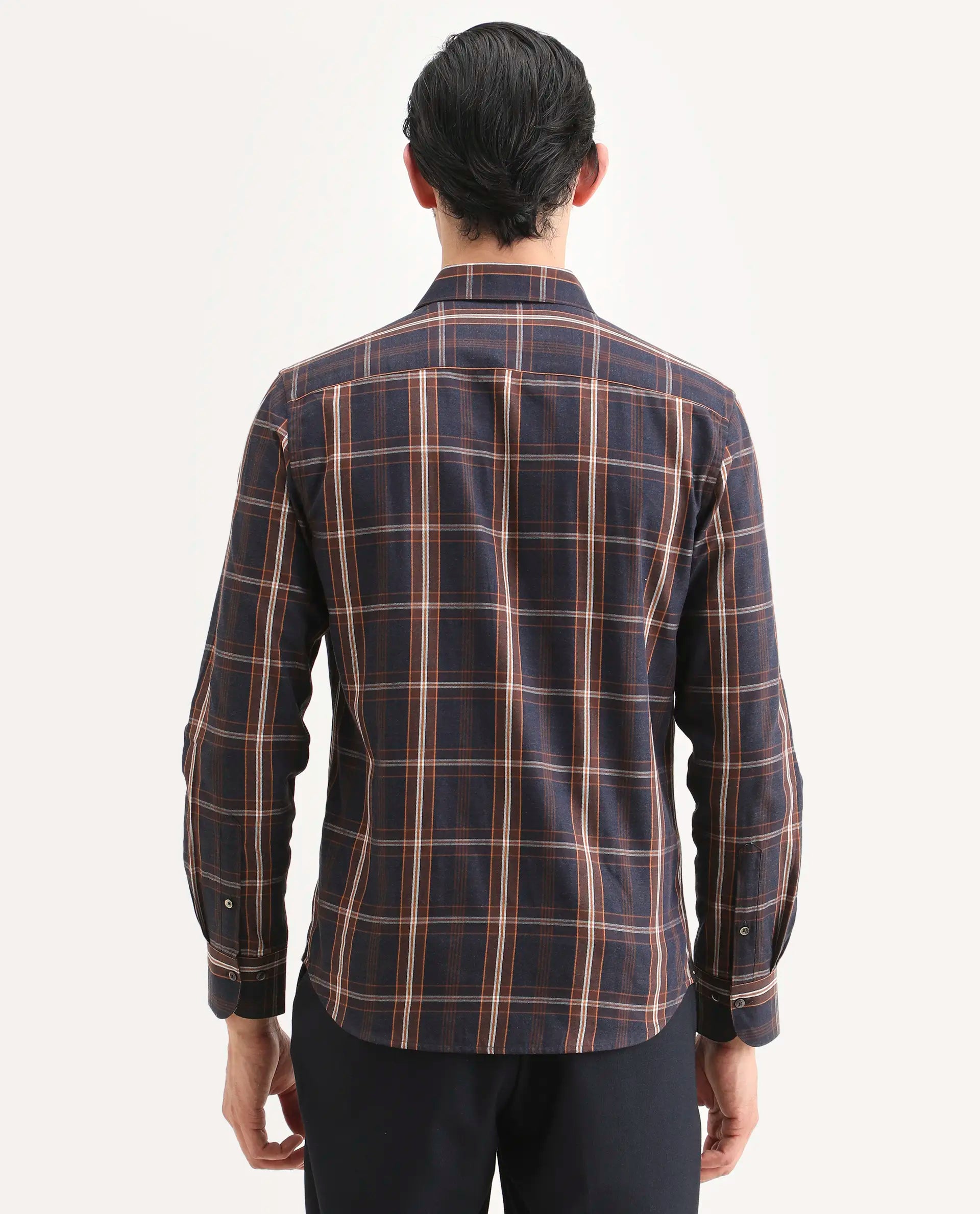 Rare Rabbit Men's Dor-S26 Navy Cotton Fabric Full Sleeve Spread Collar Regular Fit Checked Shirt | Rare Rabbit at Broadway