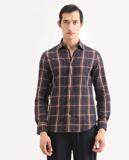 Rare Rabbit Men's Dor-S26 Navy Cotton Fabric Full Sleeve Spread Collar Regular Fit Checked Shirt | Rare Rabbit at Broadway